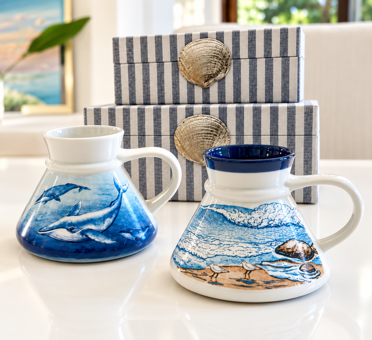 Vintage Otagiri Japan Coastal Mugs — Whale & Seaside Pair